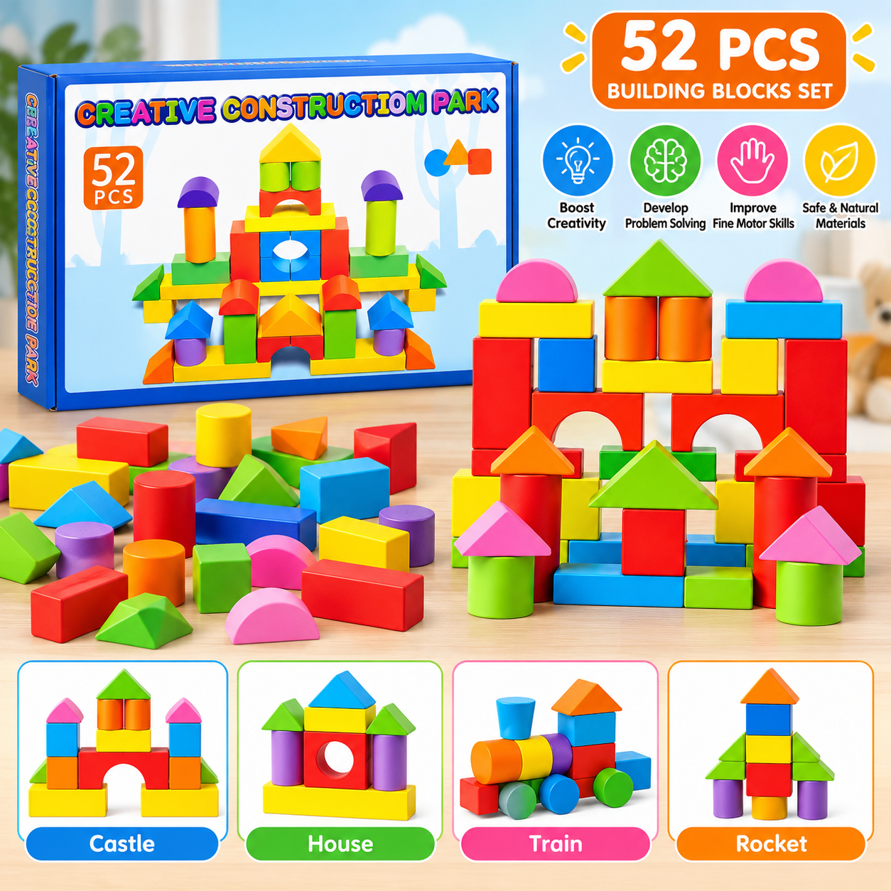 Wooden Creative Construction Blocks – 52pcs Building Set