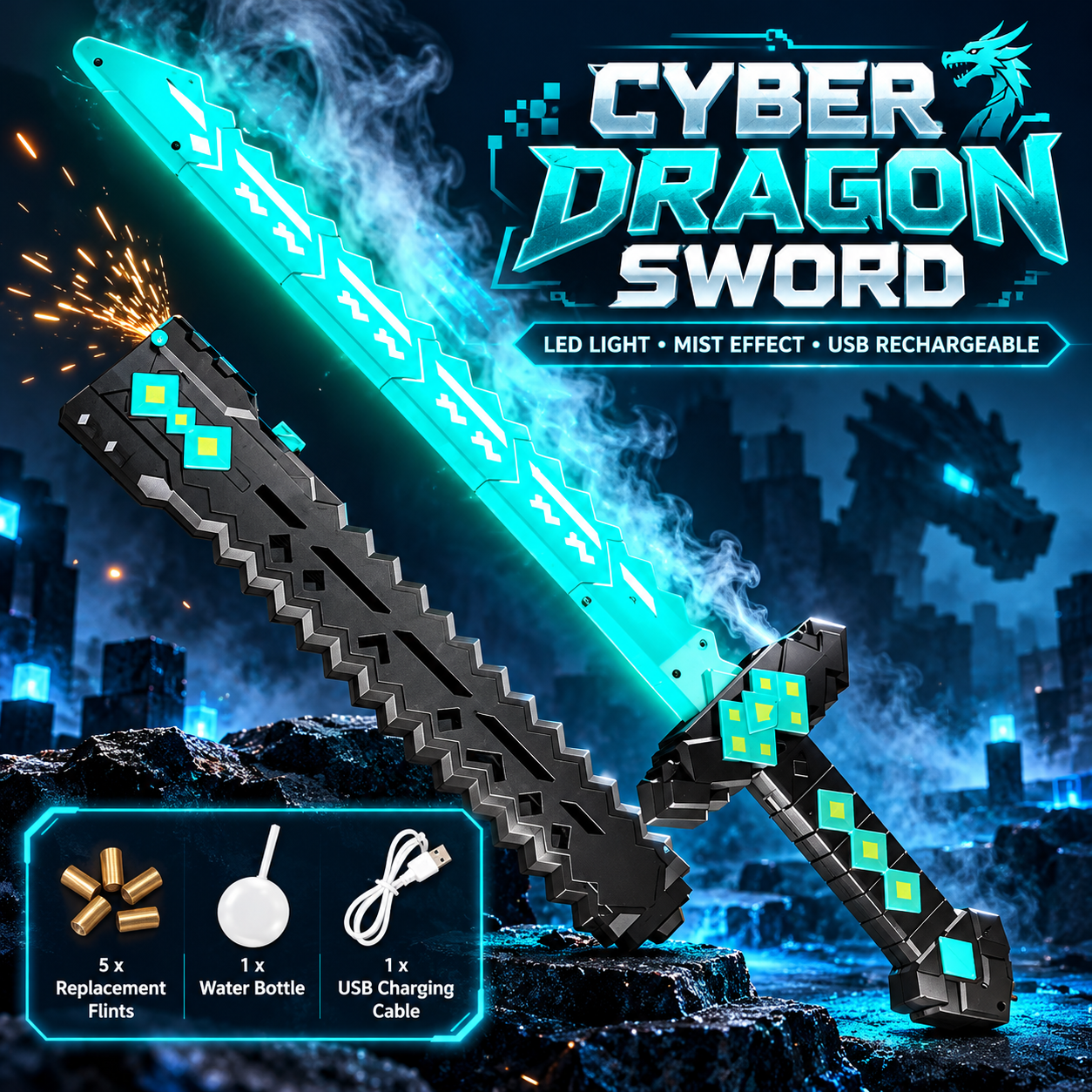 Cyber Dragon LED Light-Up Toy Sword with Mist and Spark Effects