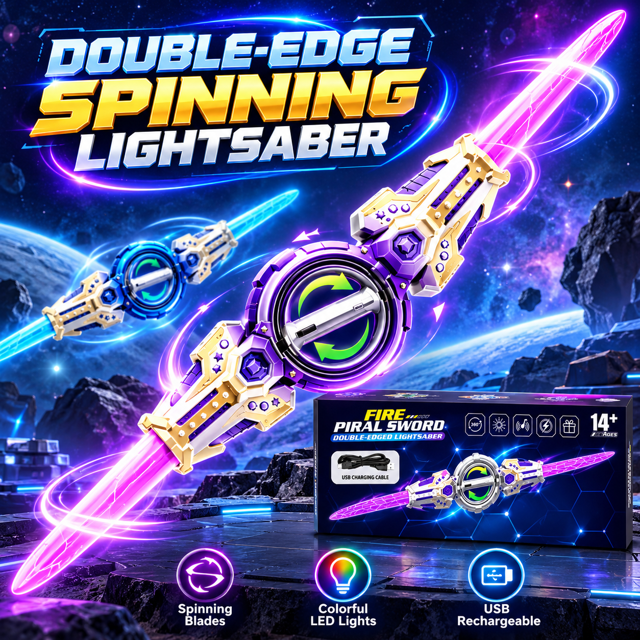 Double-Edge Spinning LED Lightsaber – Rechargeable Light-Up Toy Sword