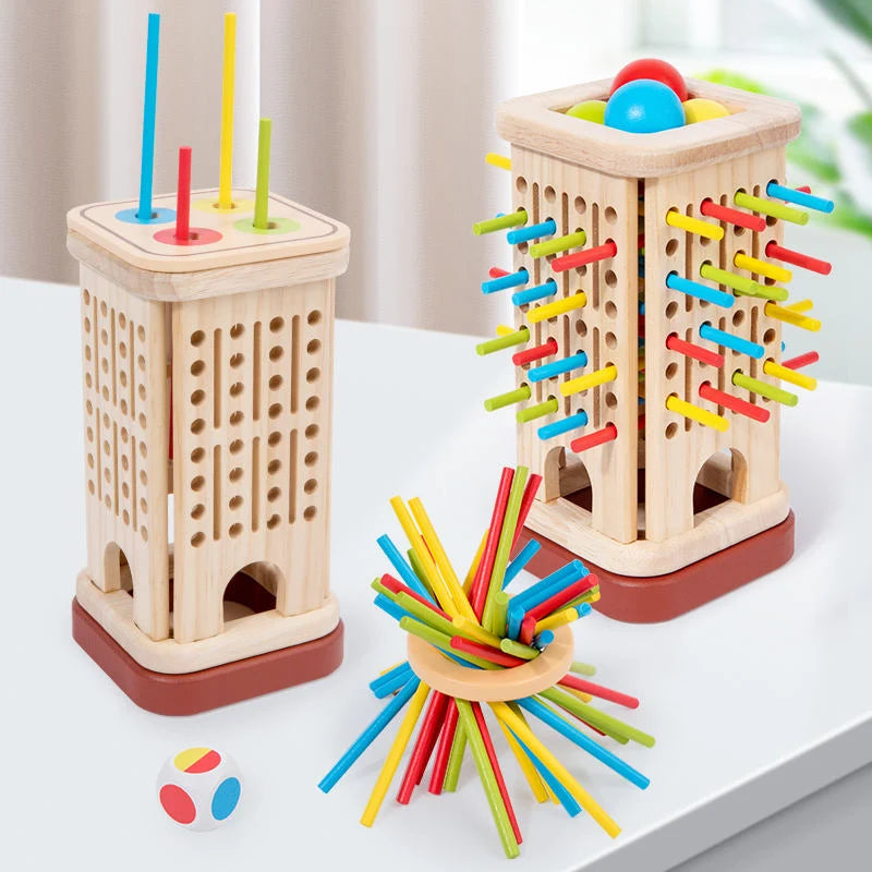 Wooden 3in1 Stick Pulling Ball Drop Tower Balance Activity Toy