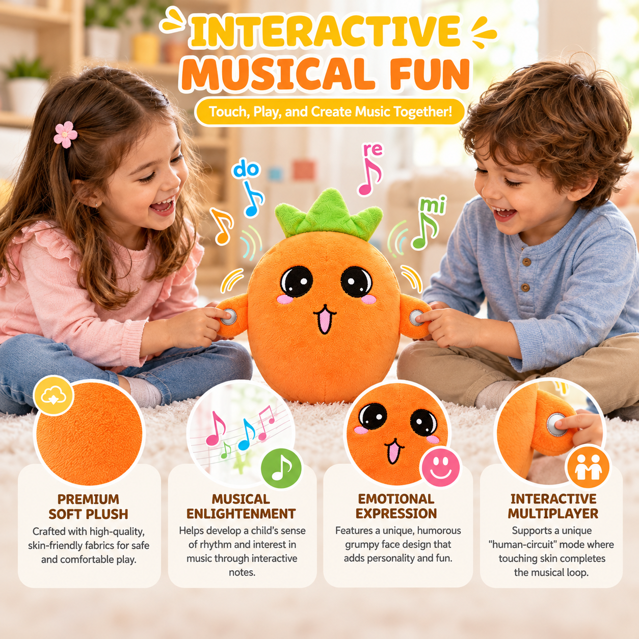 Interactive Musical Plush Toy Touch Sensor Soft Stuffed Toy for Kids (Random Design)