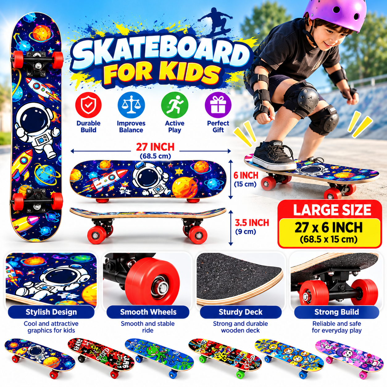 Skateboard for Kids Colorful Designs, Smooth Wheels and Outdoor Fun