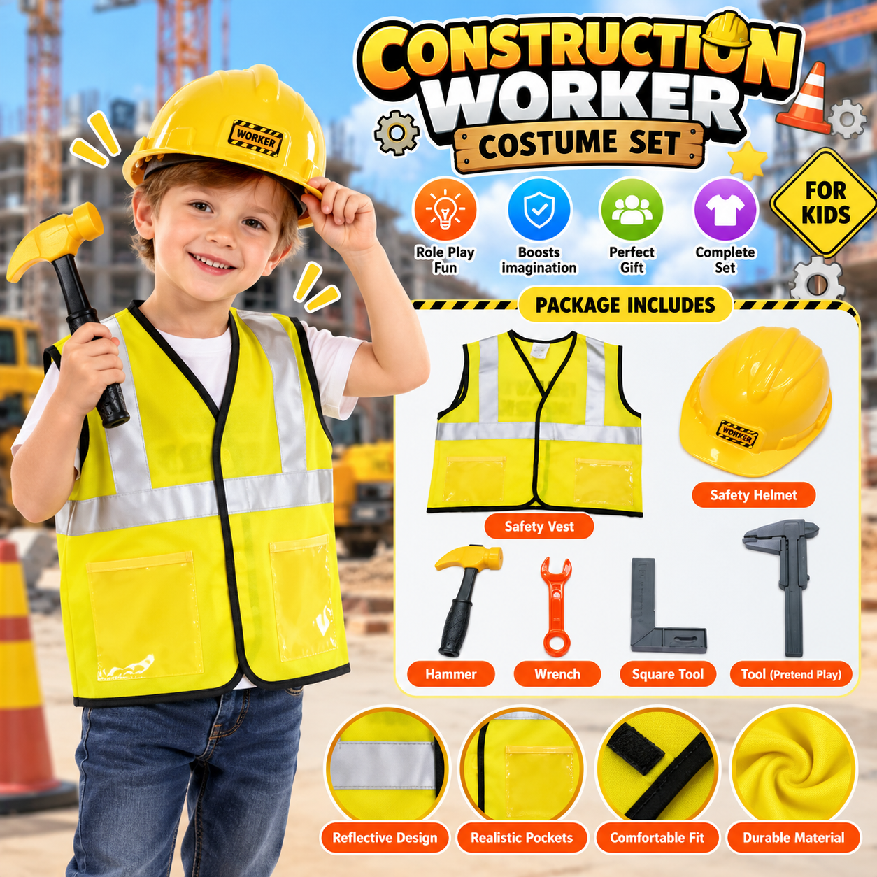 Construction Worker Costume for Kids with Pretend Play Accessories