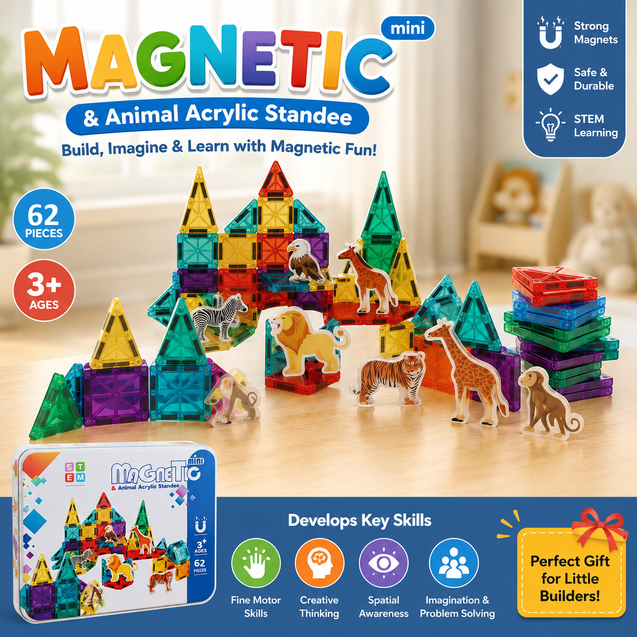 Magnetic Tiles & Animal Acrylic Standee Tin Box 62 piece - 24B
