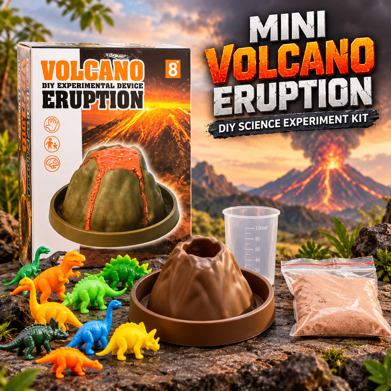 Mini Volcano Eruption DIY Science Experiment Kit for Kids with Dinosaurs 136