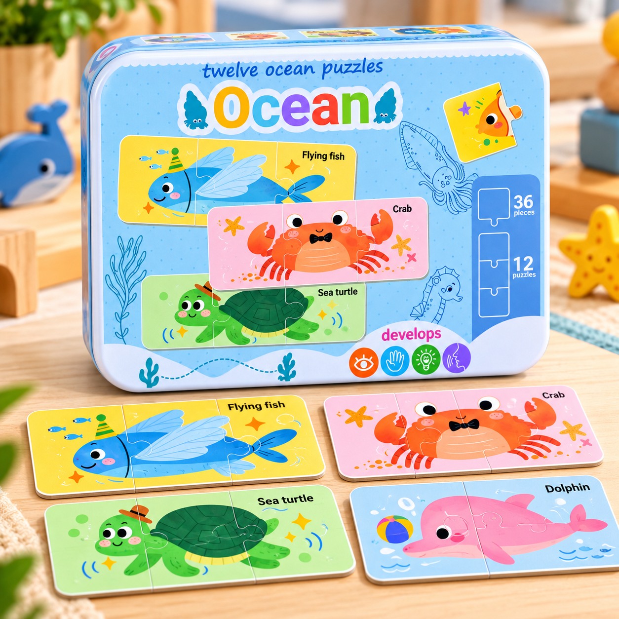Jigsaw Puzzle Set 12 Puzzles Animals, Fruits, Vehicles, Vegetables and Ocean