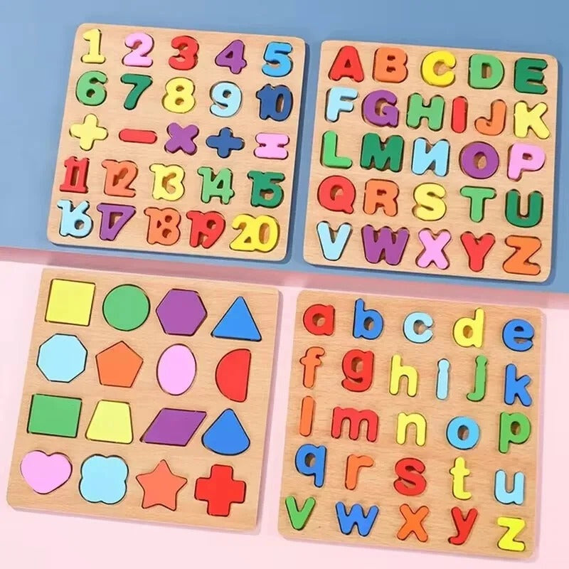 Wooden 3D Alphabet, Numbers & Shapes Learning Puzzle - no knob - Board