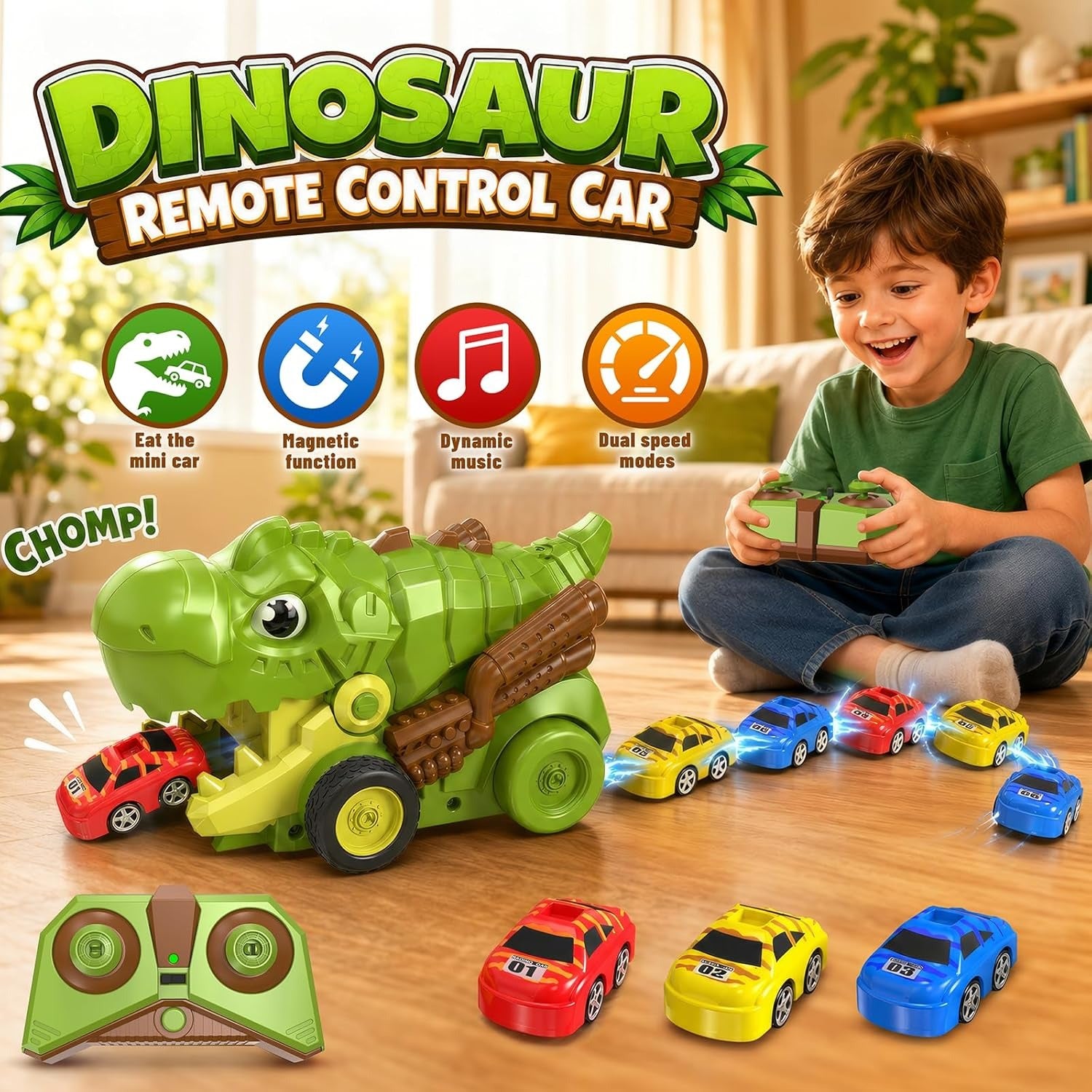 RC Dinosaur Eating Car Mini Magnetic Cars 6 pieces - 106