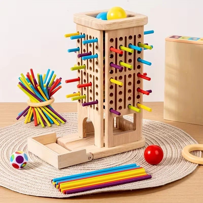 Wooden 3in1 Stick Pulling, Ball Drop and Color Sorting Activity Tower