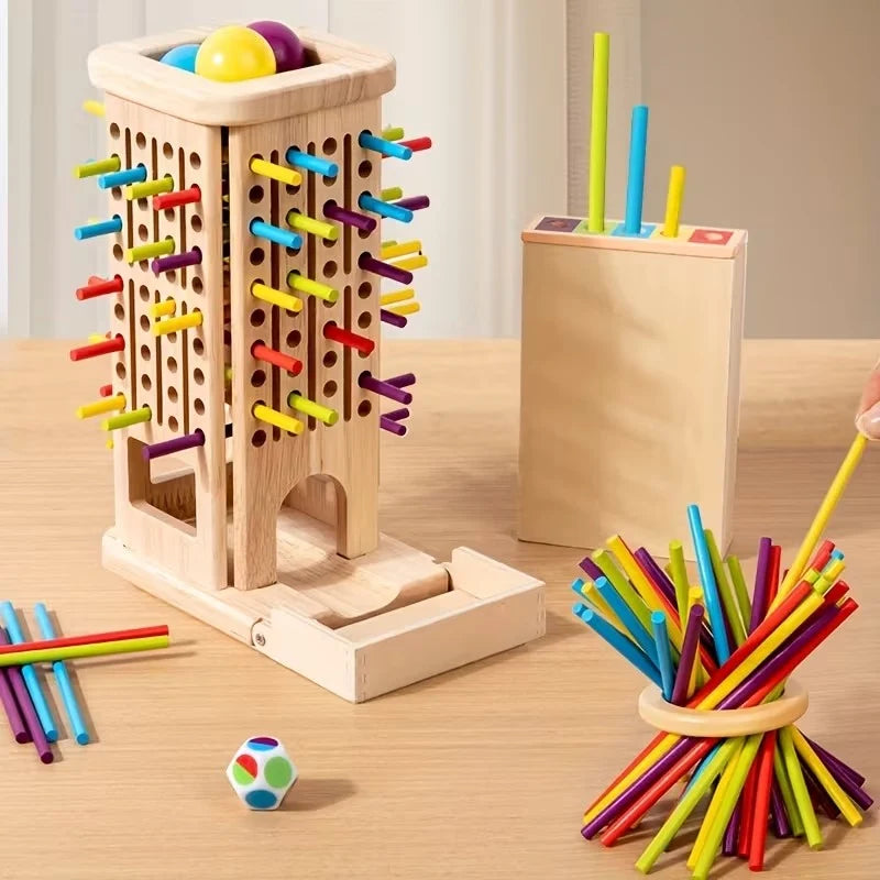 Wooden 3in1 Stick Pulling, Ball Drop and Color Sorting Activity Tower