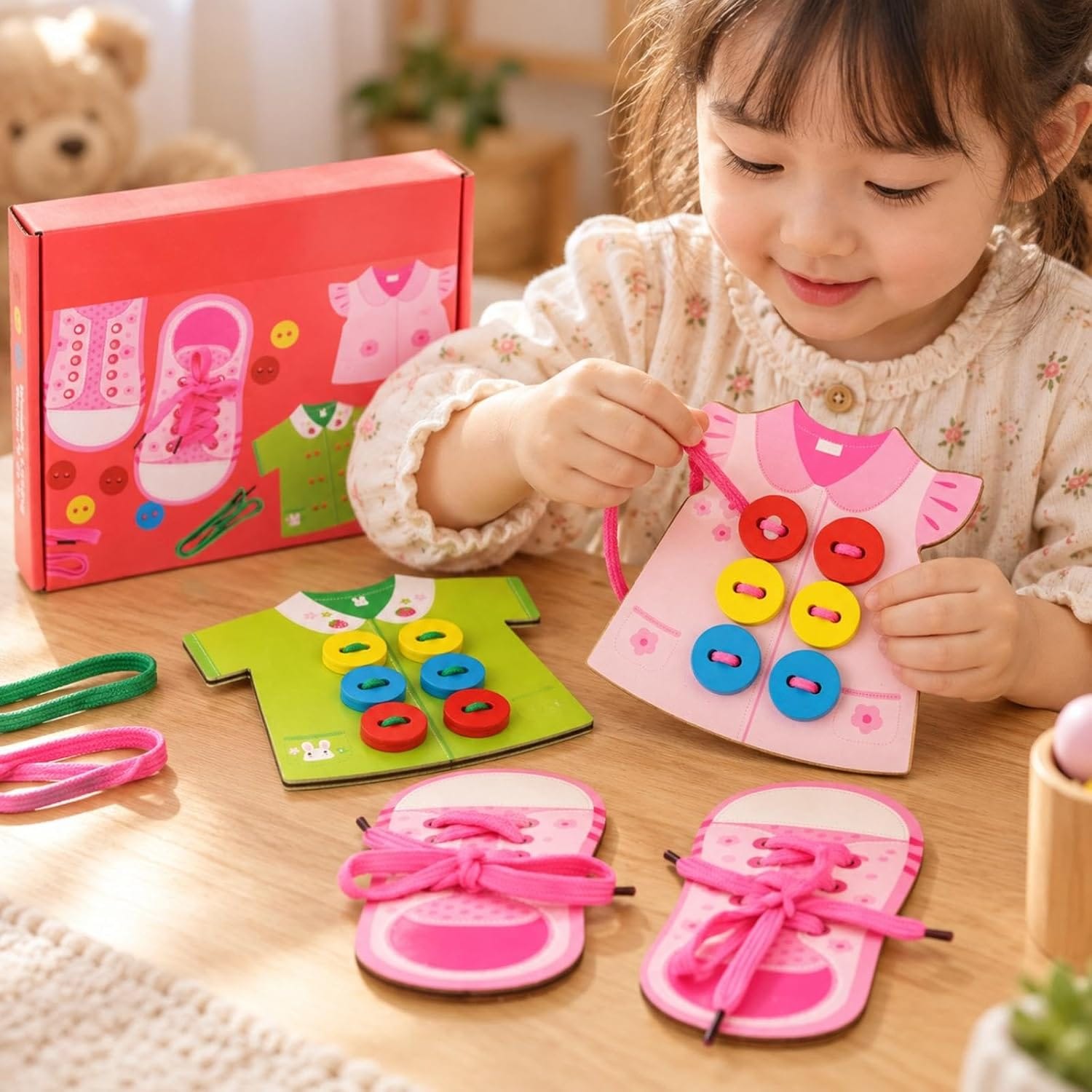 Wooden 4in1 Shoe Button Lacing Motor Skills Kit