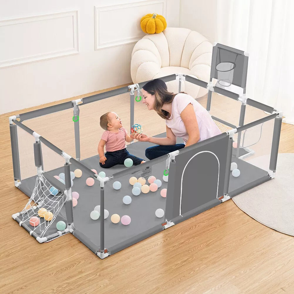 Rectangle Safety Playpen Basketball and Football Arena for Kids - Gray-Blue-Red - Odeez | Educational Toys Pakistan 
