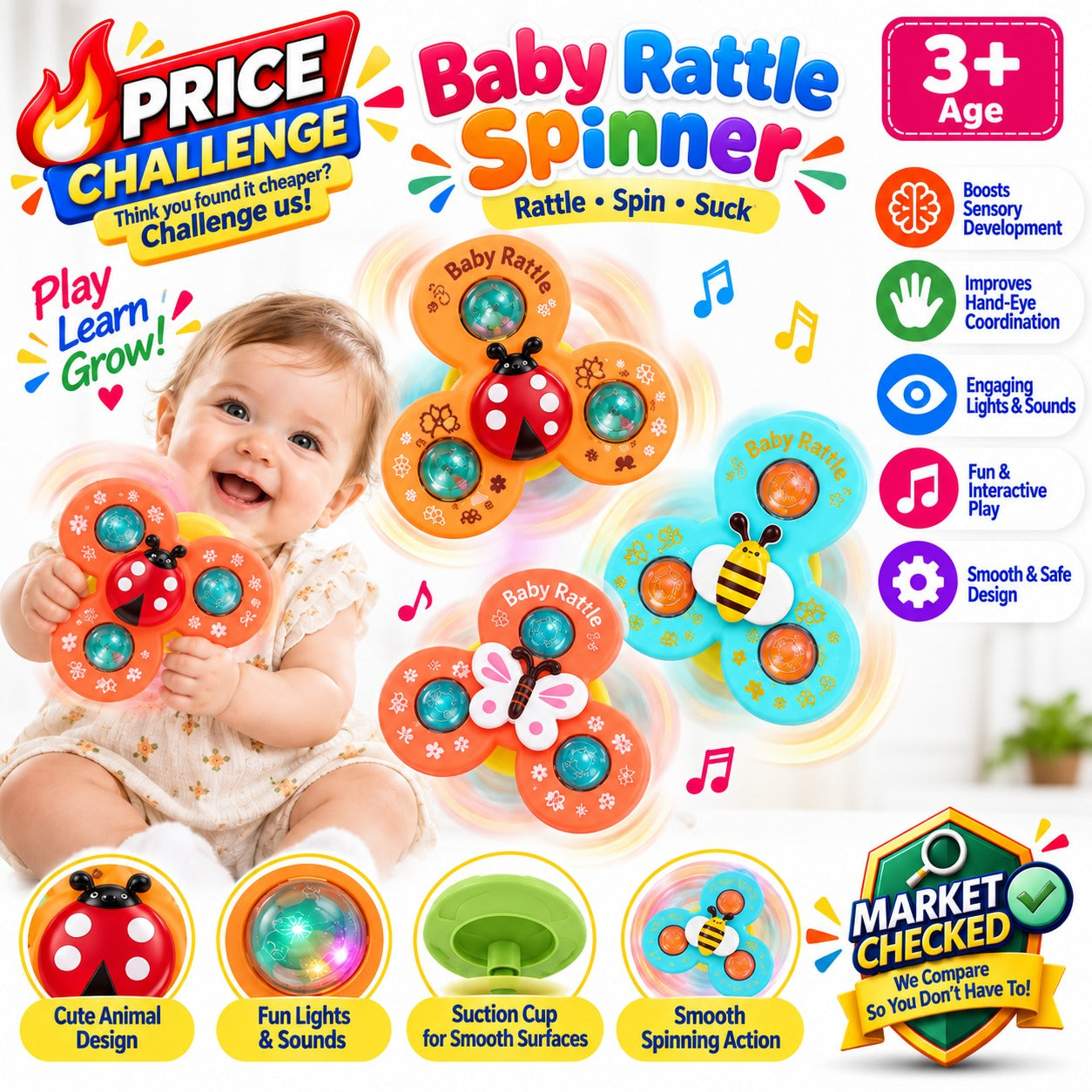Suction Cup Activity Spinner Toy 3 pieces - 329