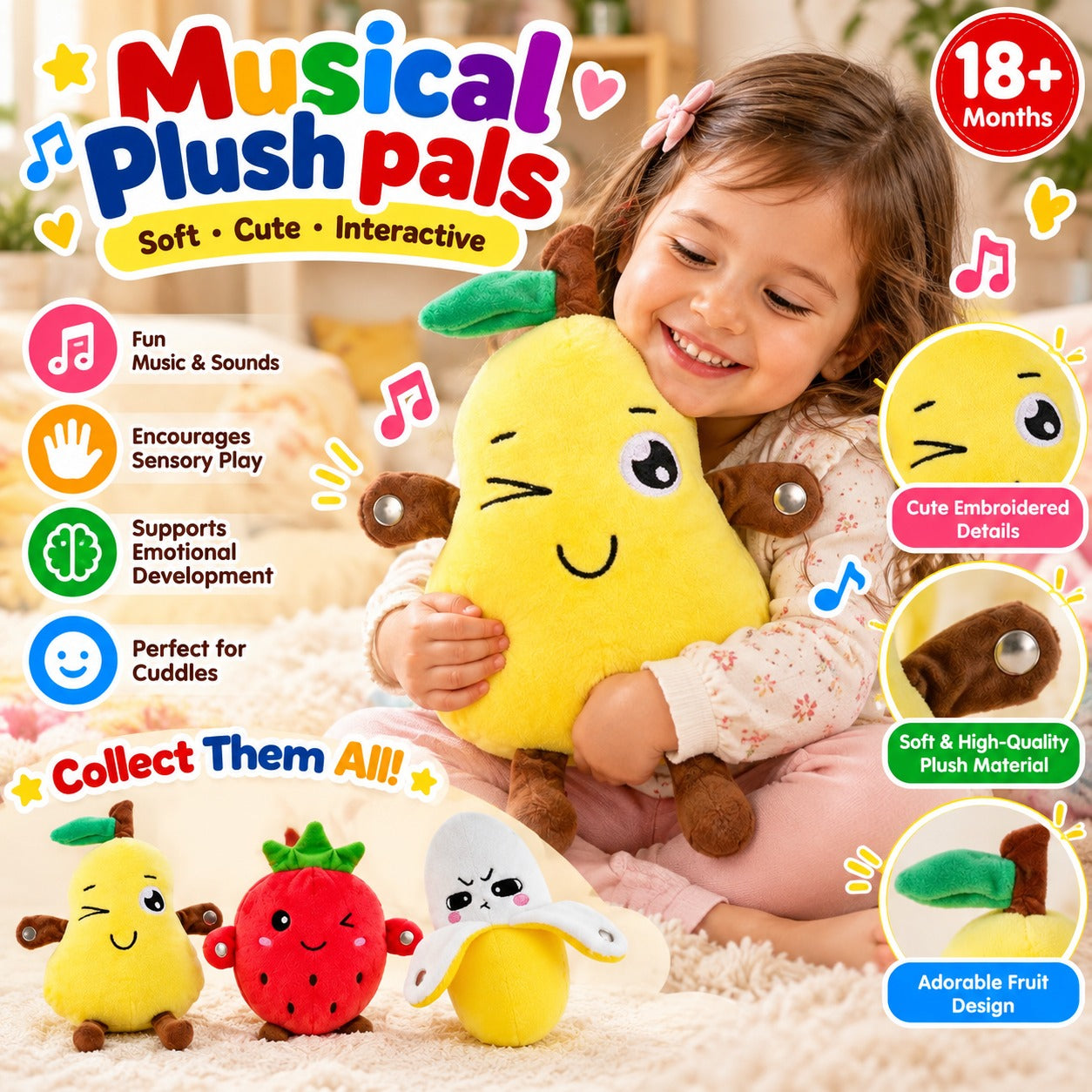 Interactive Musical Plush Toy Touch Sensor Soft Stuffed Toy for Kids (Random Design)