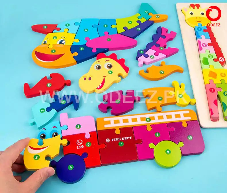 Wooden Number Learning Jigsaw Puzzle - Random Character - Default Title - Odeez | Educational Toys Pakistan 