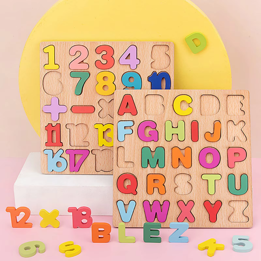 Wooden 3D Alphabet, Numbers & Shapes Learning Puzzle - no knob - Board