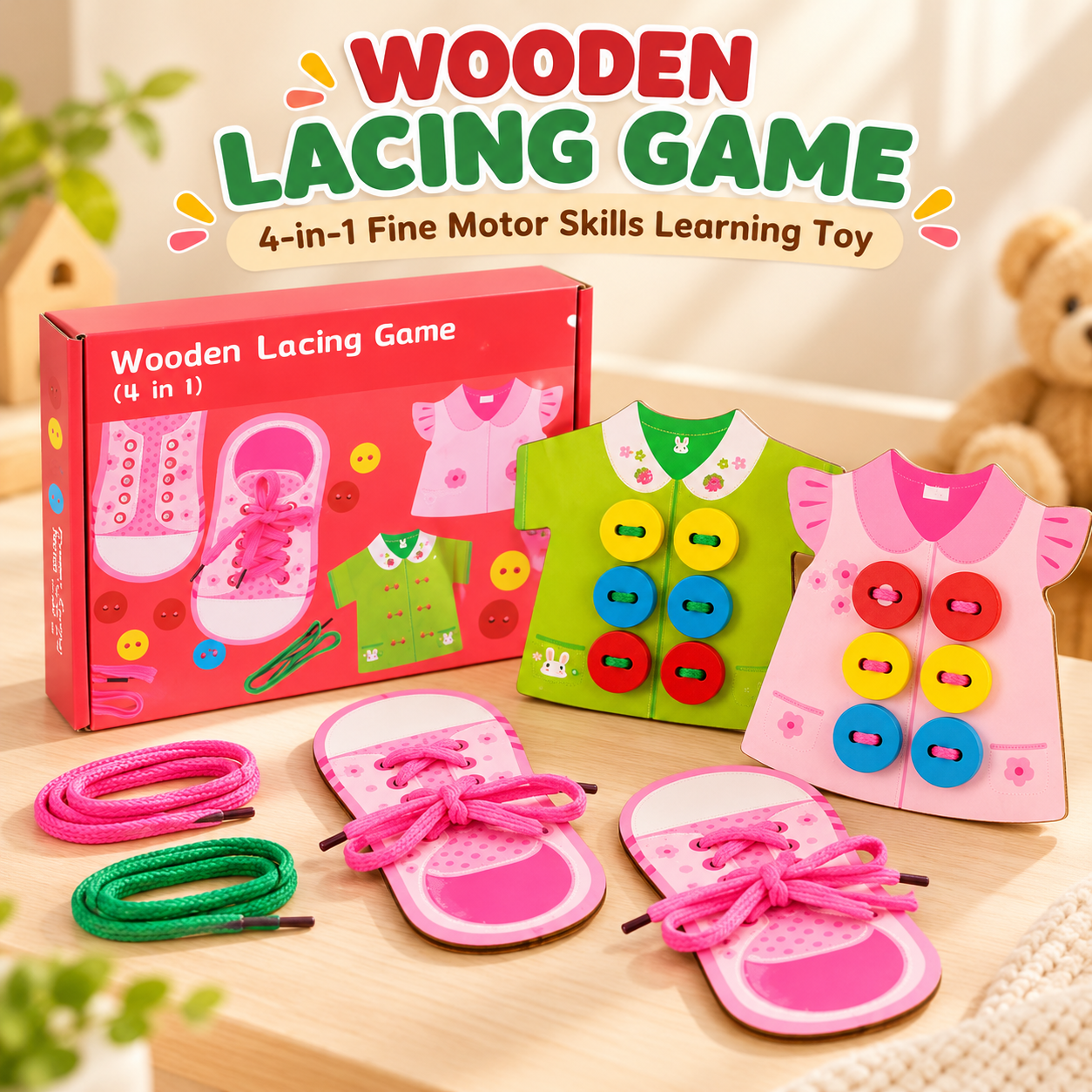 Wooden 4in1 Shoe Button Lacing Motor Skills Kit