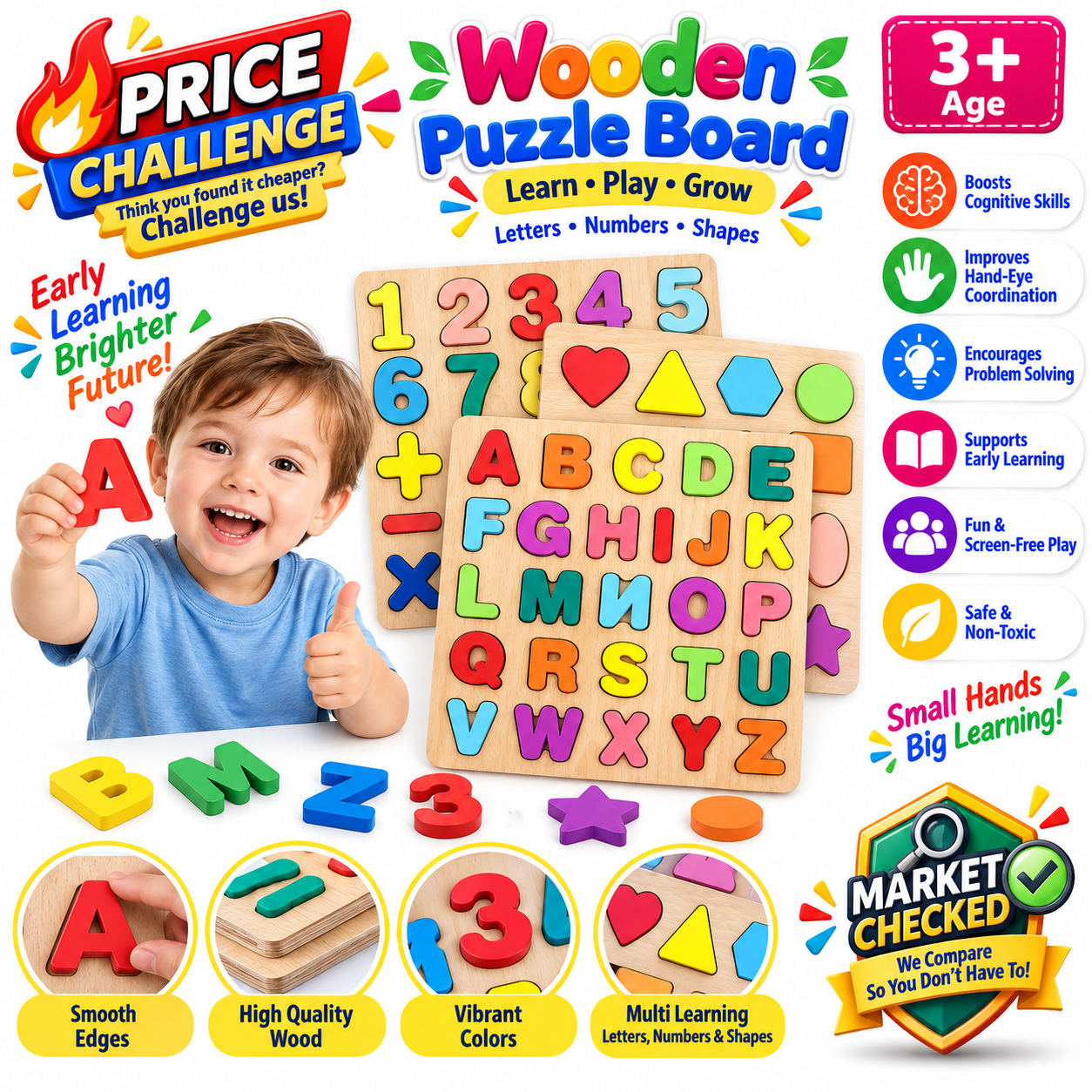 Wooden 3D Alphabet, Numbers & Shapes Learning Puzzle - no knob - Board