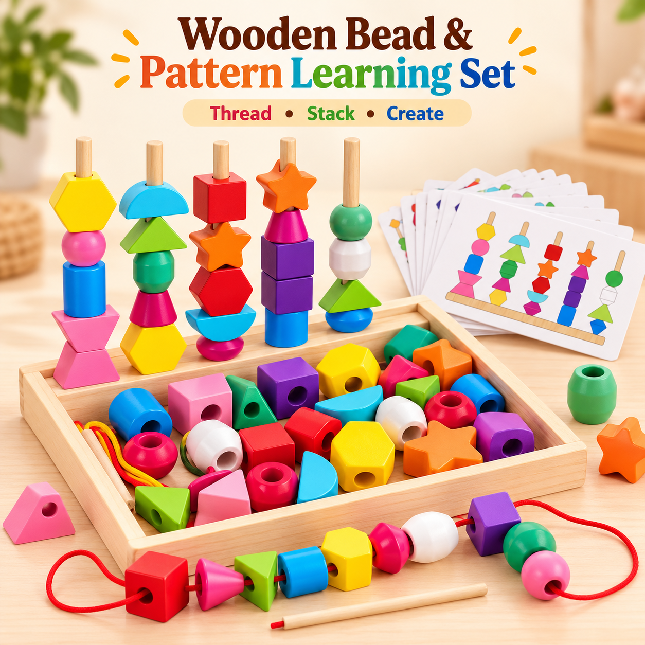 Wooden Five Sets of Shape Columns Bead Lacing Kit - 514