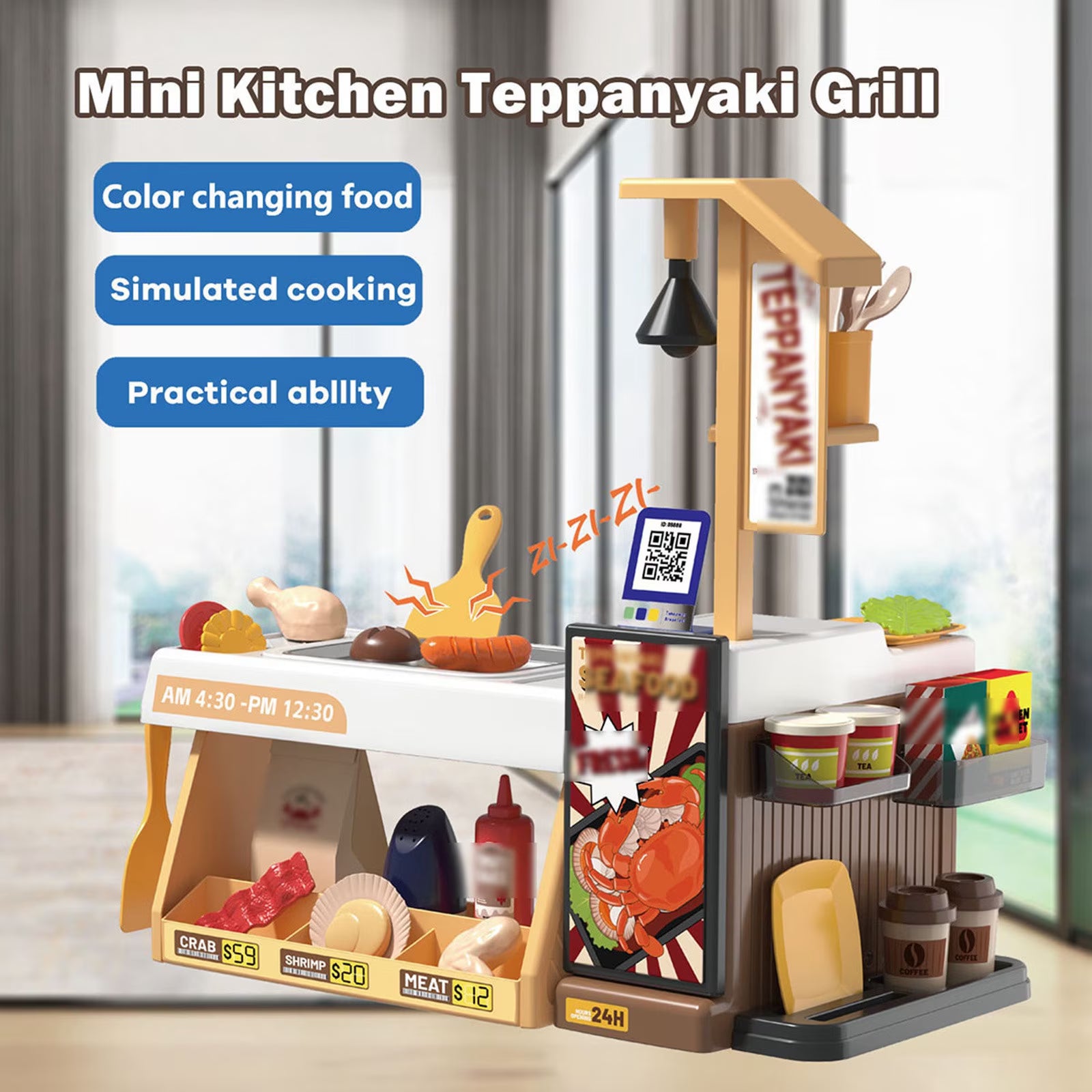 Mini Kitchen Teppanyaki Grill and Seafood Cooking 44 Pcs Pretend Play Set