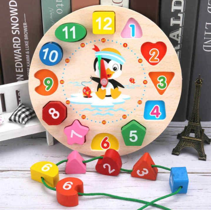 Wooden Cognitive Color and Shape Sorting Clock Number Lacing - 020